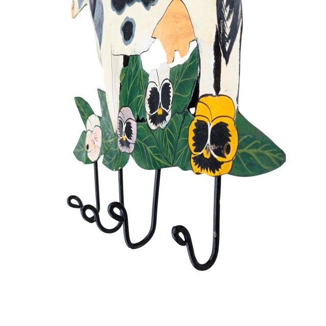 Vintage Folk Art Tole Metal Cow Wall Hooks Key Holder For Sale - Image 4 of 11