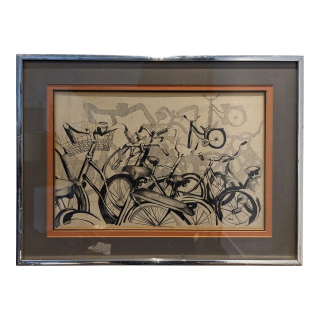 Charming Vintage Pencil on Paper Drawing of Bicycles For Sale