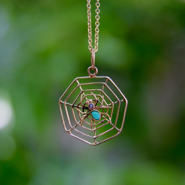 Metal Late 19th Century 9k Gold Victorian Spider Pendant With Turquoise and Pearl For Sale - Image 7 of 7