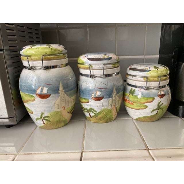 Baby Blue Kitchen Ceramic Storage Canisters - Set of Three For Sale - Image 8 of 14