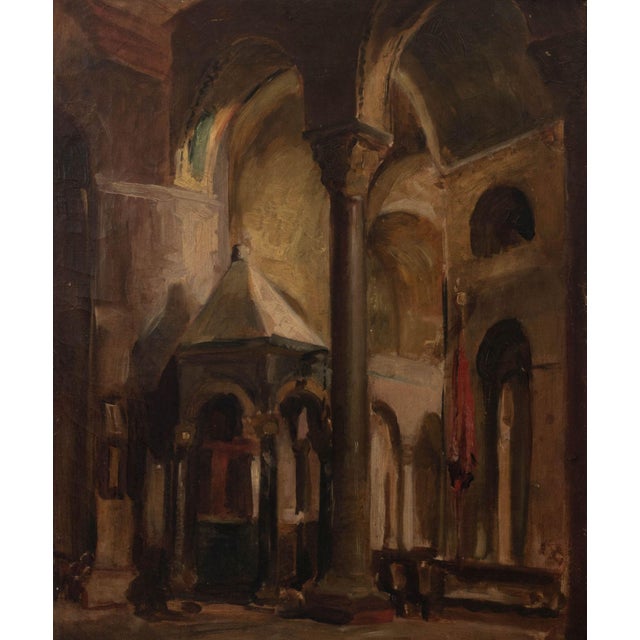 Italian School, Interior Scene of a Church, Oil on Canvas, 19th century, unsigned, giltwood frame. Image: 16.25" H x 13.5"...