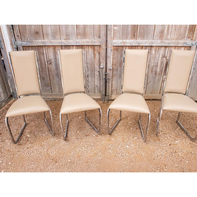 Set of 4 Milo Baughman Style Chrome & Leather Dining Chairs For Sale - Image 6 of 12