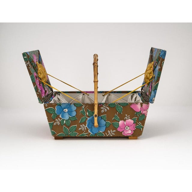 1950s Mid-Century Sewing Basket with Bamboo Handle & Floral Decor, 1970s For Sale - Image 5 of 18