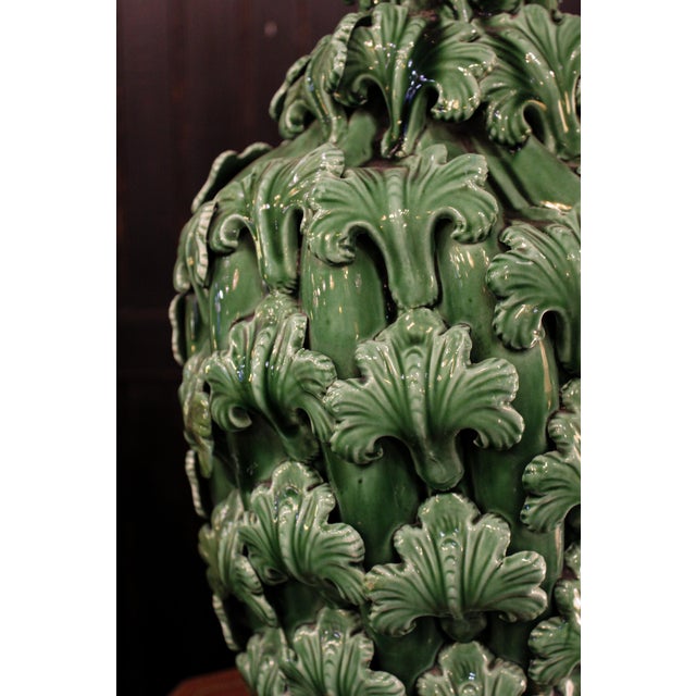 1950s Green Vase with Leaf Decoration from Manises, 1950s For Sale - Image 5 of 8