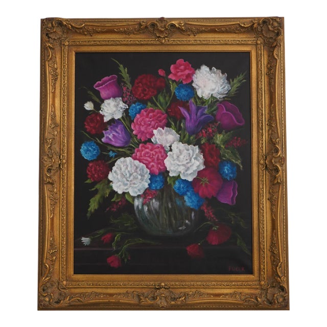 Artist Signed Floral Still Life Oil Painting on Canvas For Sale
