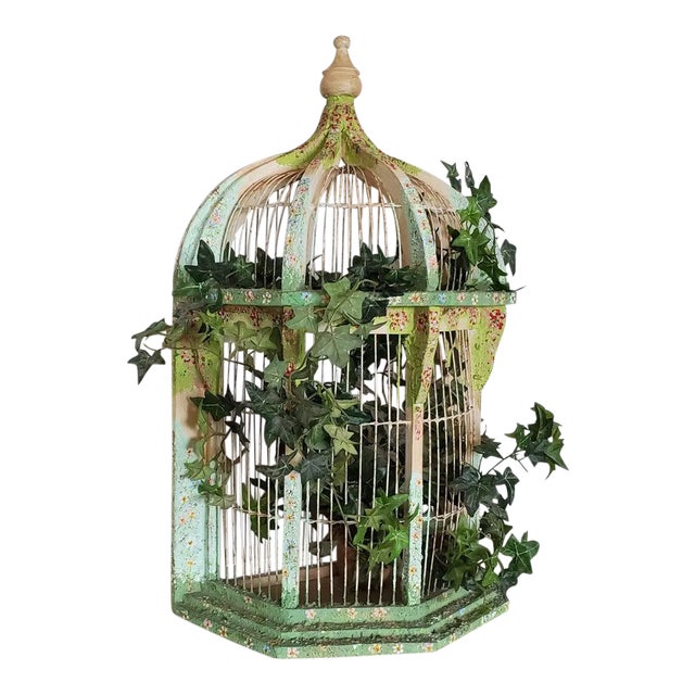 Whimsy Chic Decorative Distressed Painted Bird Cage For Sale