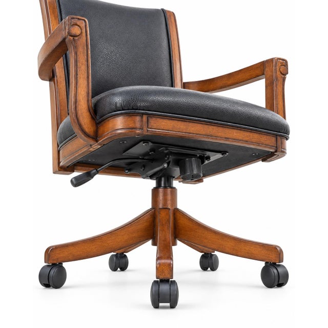 Vintage Traditional Black Leather Executive Swivel Desk Chair With Walnut Finish For Sale In Los Angeles - Image 6 of 10
