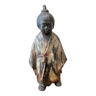 Vintage Japanese Bronze Sculpture of Young Monk Artist Signed Stamp Original For Sale