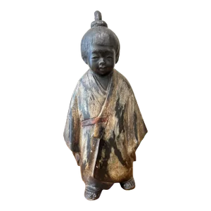 Vintage Japanese Bronze Sculpture of Young Monk Artist Signed Stamp Original