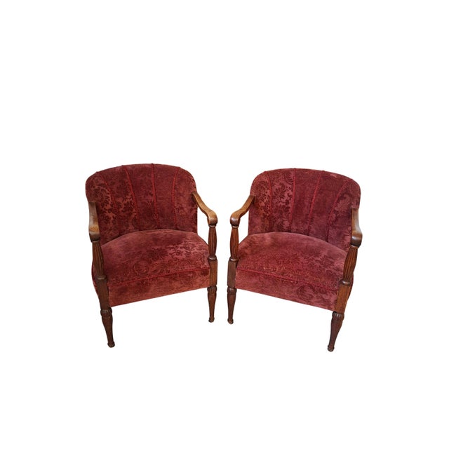 Vintage Oak and Damask Velvet Armchairs, 1960s, Set of 2 For Sale - Image 6 of 13