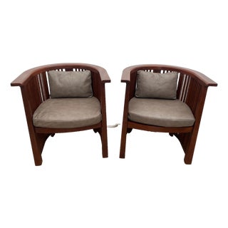 Rare Set of Stickley Lounge Chairs Spindle Barrel Back Solid Cherry, Leather 1a For Sale