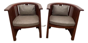 Rare Set of Stickley Lounge Chairs Spindle Barrel Back Solid Cherry, Leather 1a