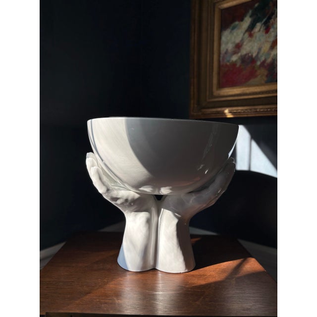 Monumental Vintage Italian White Ceramic Hands Bowl Sculpture, Made in Italy For Sale - Image 10 of 11