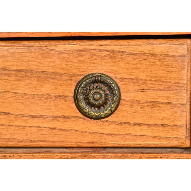 Antique English Art Deco Carved Oak Drop Front Secretary Desk With Leaded Glass Bookcase Hutch For Sale - Image 9 of 17