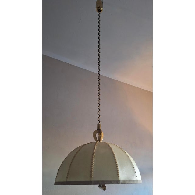 Large Leather, Vellum and Brass Cocoon Chandelier, Italy, 1950s For Sale - Image 4 of 9