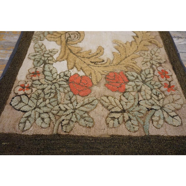 American 1880s Ivory Roses Folk Art Antique American Hooked Rug 2'8" X 4'11" Handknotted Wool Carpet For Sale - Image 3 of 6