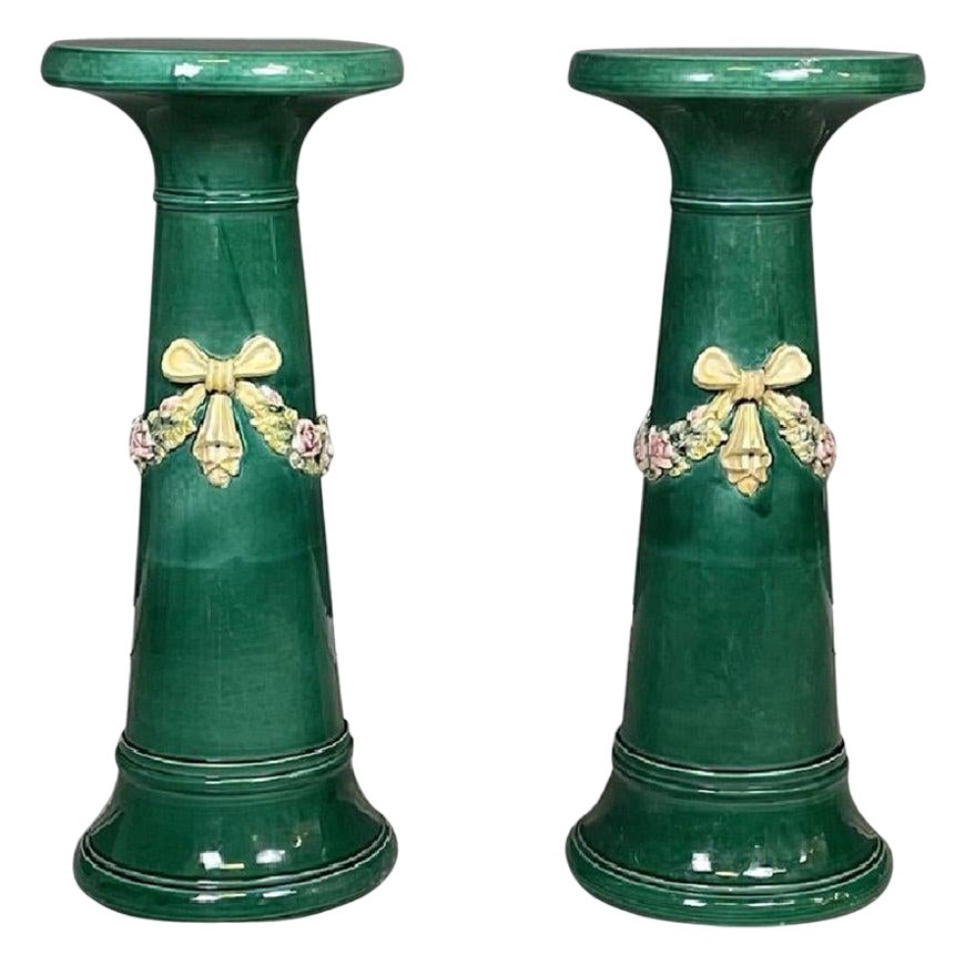 Italian Imperial Style Green Ceramic Columns, 1930s, Set of 2 | Chairish