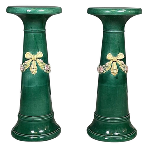 Italian Imperial Style Green Ceramic Columns, 1930s, Set of 2