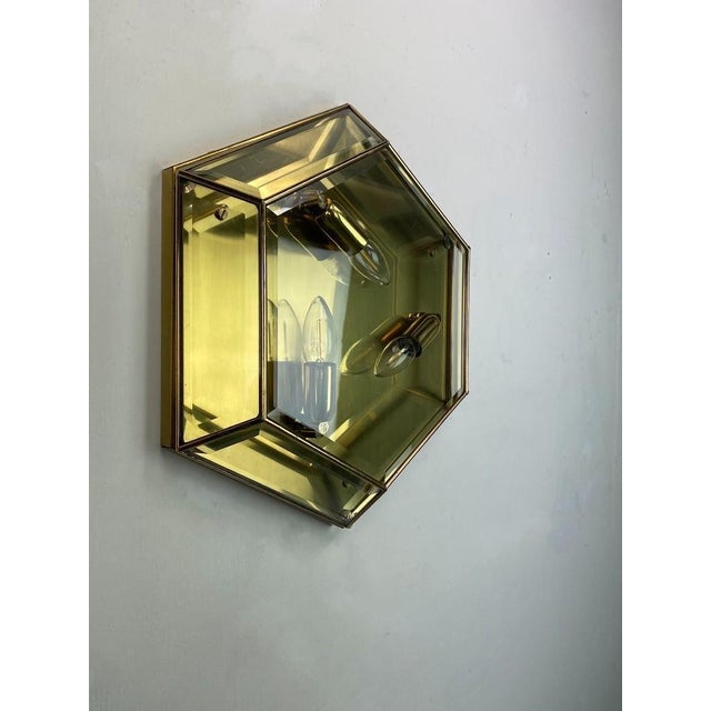 Vintage Hexagonal Facet Cut Glass and Brass Wall or Ceiling Lamps, 1960, Set of 3 For Sale - Image 11 of 16