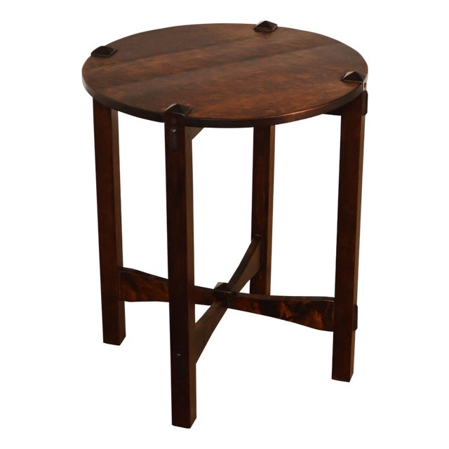 Studio Arts And Crafts Style Round Accent Table With Burl Wood Top For Sale