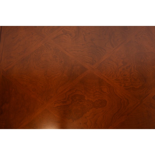 Henredon Art Deco Ash and Burl Wood Parquet Top Pedestal Extension Dining Table, Newly Refinished For Sale - Image 11 of 15