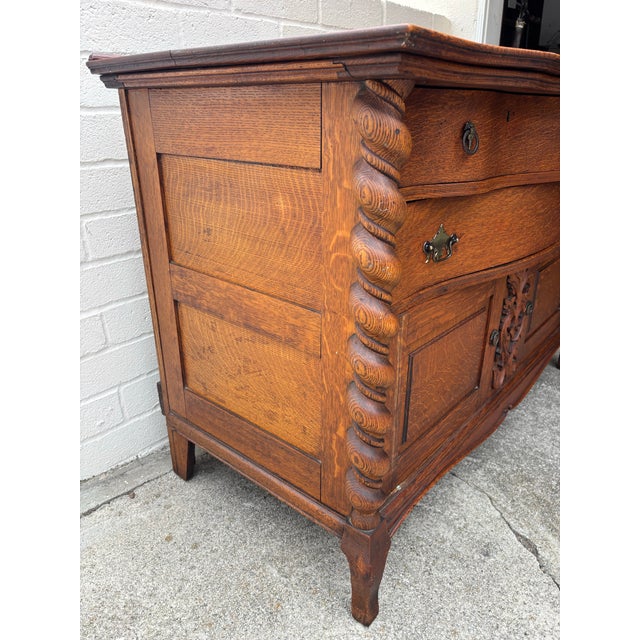 Brown Antique Tiger Oak Buffet / Sideboard, Featuring Barley Twist Columns and Serpentine Front For Sale - Image 8 of 10