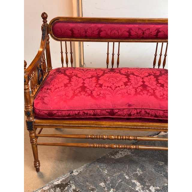Antique Victorian Red Damask Upholstered Settee For Sale In San Francisco - Image 6 of 12
