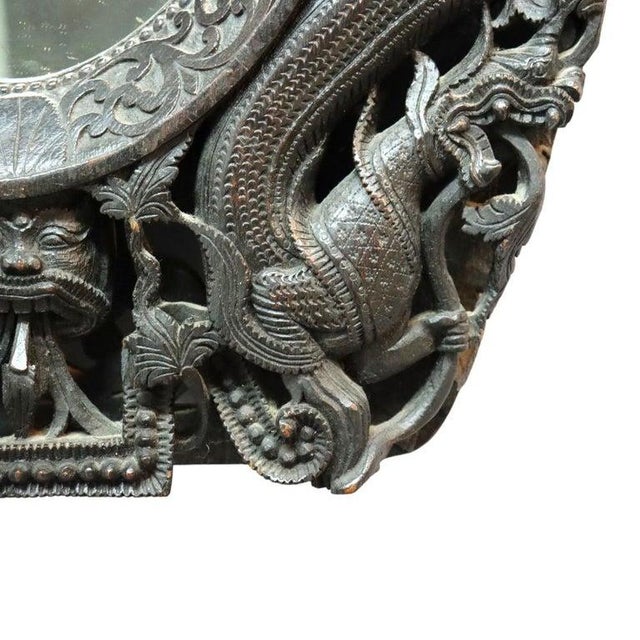 Brown 1920s Anglo-Indian Carved & Ebonized Reticulated Hardwood Mirror With Buddha & Dragons For Sale - Image 8 of 10