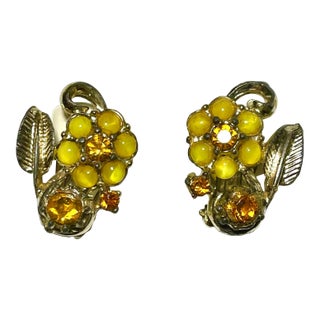 1950s Yellow Flower Enamel Clip-On Earrings - 2 Pieces For Sale