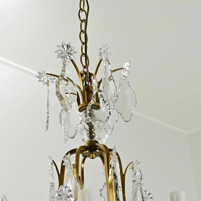 Metal French Vintage Petite Brass & Crystal Chandelier For Sale - Image 7 of 12