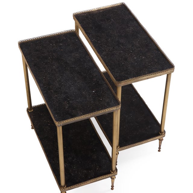 1940s A Pair of French Brass and Marble Two-Tier Tables, C. 1945. For Sale - Image 5 of 6
