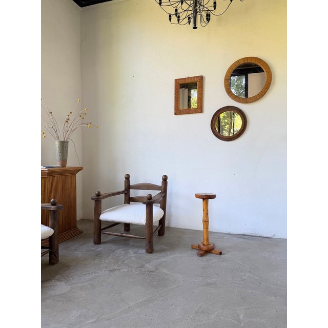 Antique small handcrafted side table in solid oak. We love its folk art style design, with its cross-shaped base...