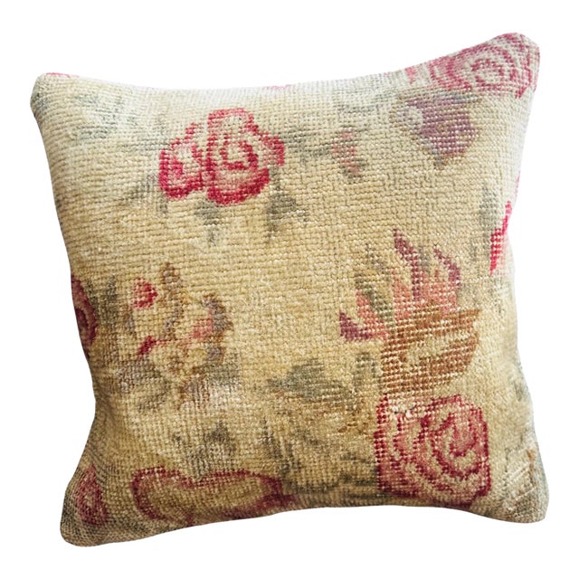 Vintage Turkish Rug Pillow Cover, Handwoven Wool Isparta Floral Cushion, One of a Kind Boho Pillow, 16x16 In For Sale