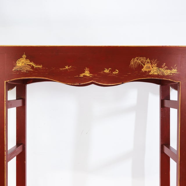Early 21st Century Vintage Chinese Red Lacquer Console Table With Gilt Landscape Scenery and Scroll Ends For Sale - Image 5 of 18
