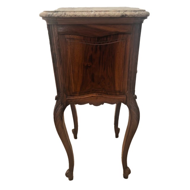 Antique French Nightstand Marble Top Commode Cabinet, Drawer, Carved Walnut For Sale In Palm Springs - Image 6 of 12