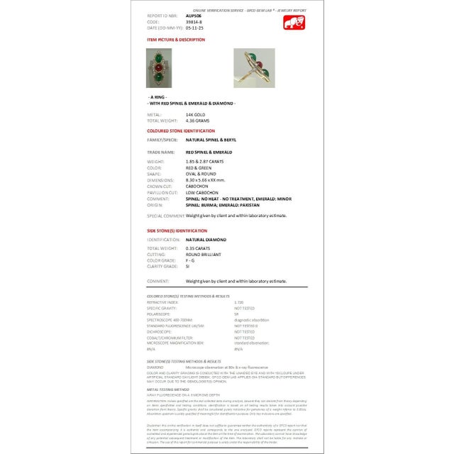 1960s 14k Yellow Gold Burmese No-Heat Red Spinel, Emerald & Diamond Ring, Size 6.5 For Sale - Image 11 of 13