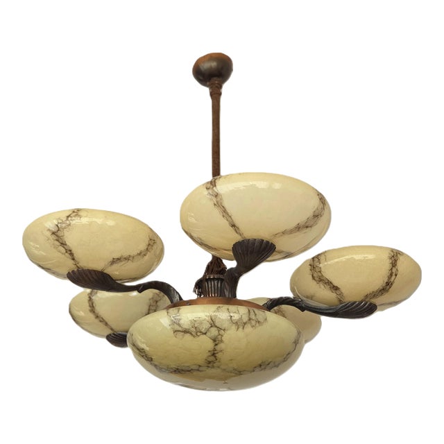 1930s 5-Arm Art Deco Chandelier Marbled Glass Shades Brass Accents, Antique European Lamp For Sale