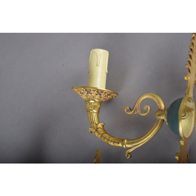 Gold Gilded Brass Scroll-Arm Wall Sconces with Teal Details, 1950s, Set of 2 For Sale - Image 8 of 12