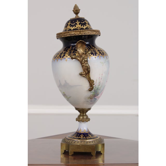 1950s Pair of 1950s Sevres Cobalt Blue Porcelain Painted Urns W. Lids For Sale - Image 5 of 18