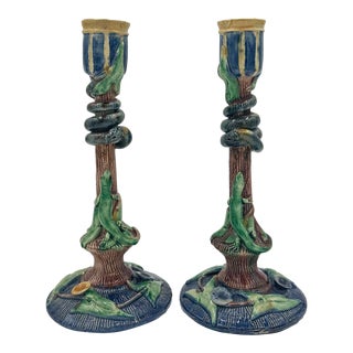 A Pair of Thomas Sargent Palissy Ware Majolica Candlesticks, French, Ca. 1880 For Sale