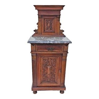 Antique 1900s French Walnut Marble Top Louis Nightstand / Bedside Table For Sale
