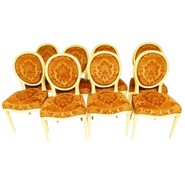 French Provincial Louis XVI Style Painted Medallion Dining Chairs, 1920, Set of 8 For Sale - Image 4 of 5