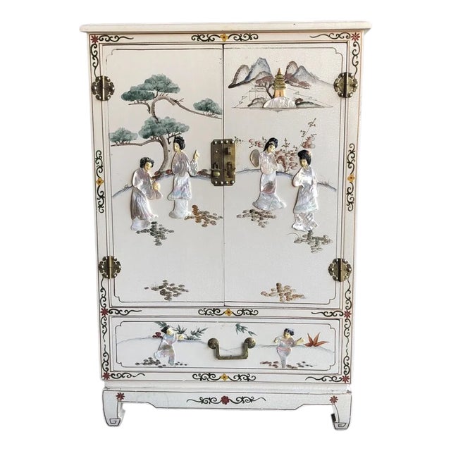 Mid-Century Chinoiserie Cabinet With Mother of Pearl Inlay and Brass Hardware For Sale