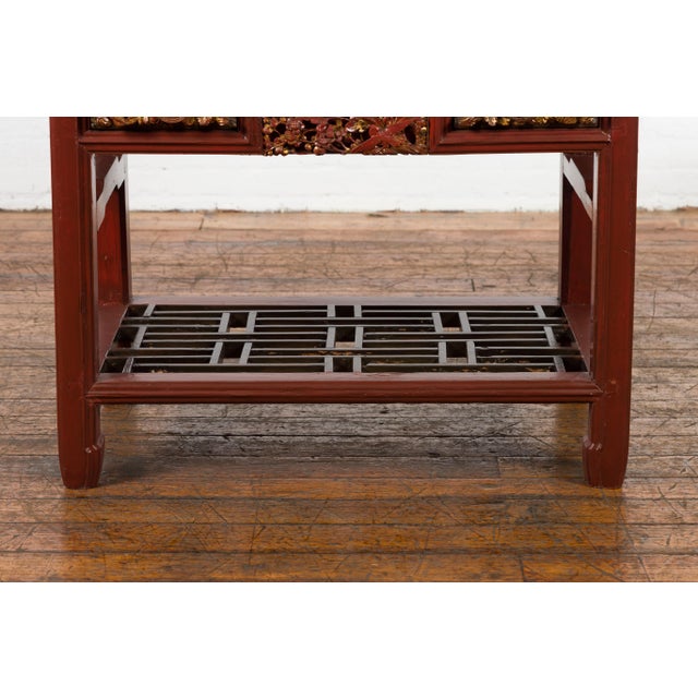 Brown Chinese Red Lacquered Console Table with Hand Carved Drawers and Geometric Shelf For Sale - Image 8 of 12