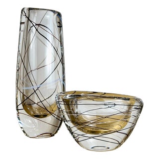 Vintage Vase and Bowl by Vicke Lindstrand for Kosta, 1950s, Set of 2 For Sale