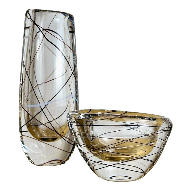 Vintage Vase and Bowl by Vicke Lindstrand for Kosta, 1950s, Set of 2 For Sale