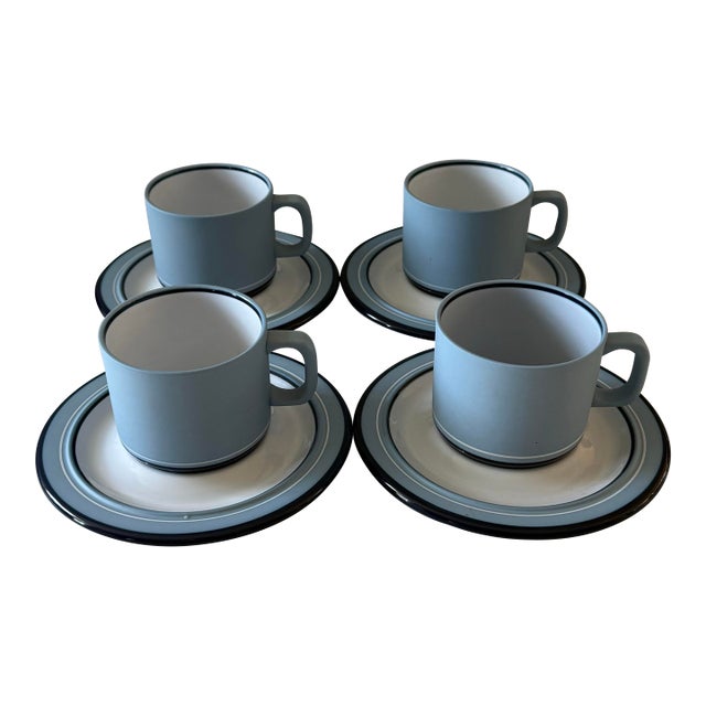 Set of 4 Arita Genesis Blue Ceramic Coffee Cups and Saucers For Sale