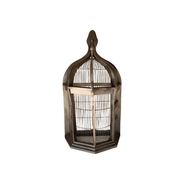 French Vintage Half Octagonal Wood and Wire Bird Cage For Sale - Image 3 of 7