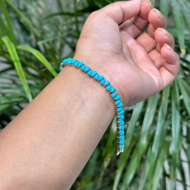 14k Yellow Gold 12.55 Ct Pear-Cut Cabochon Turquoise Tennis Bracelet, 7 Inches For Sale - Image 9 of 17