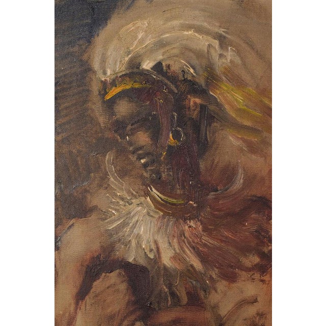 African Dancing Warrior with Cockerel, Mid-20th Century, Oil on Canvas For Sale - Image 5 of 13